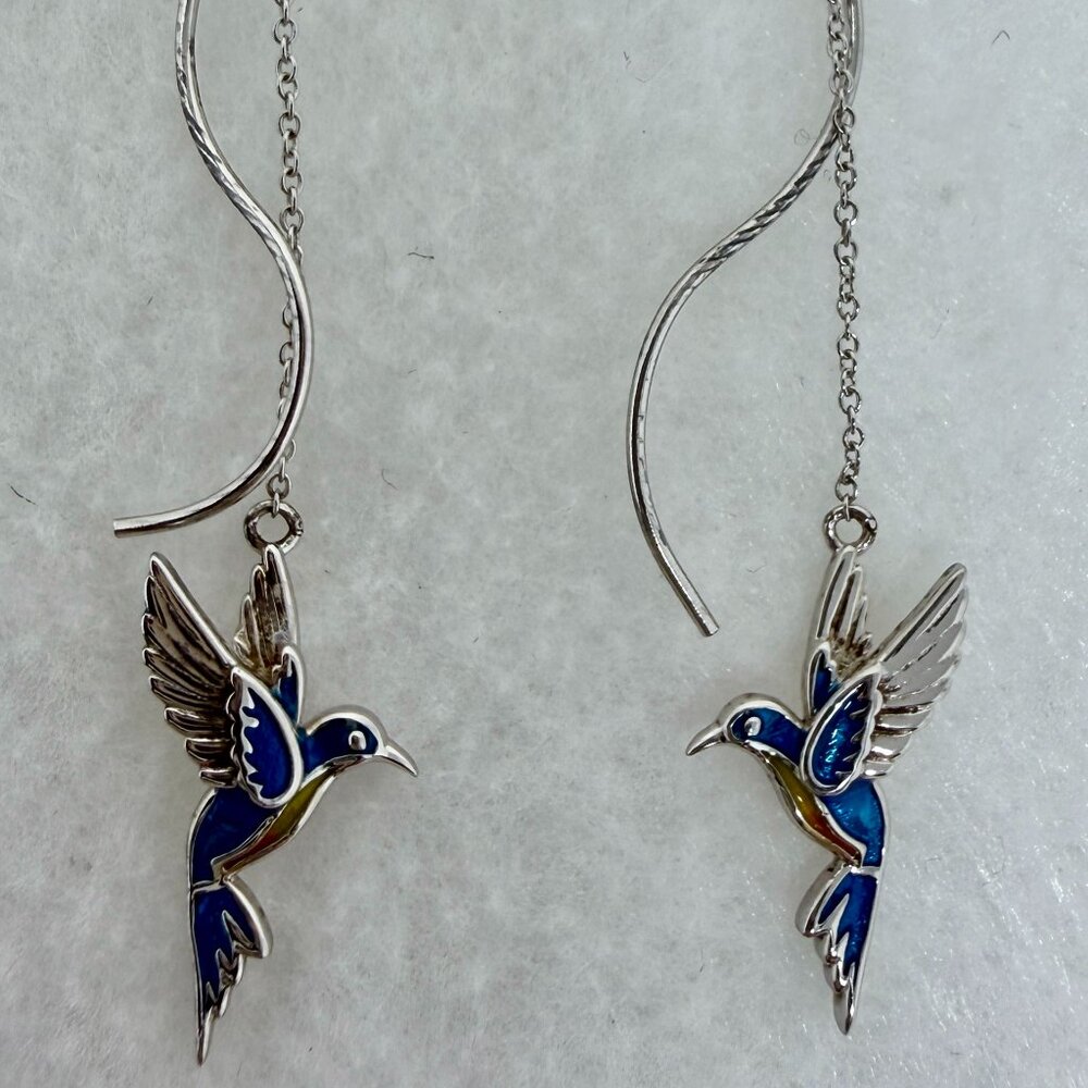 Sterling Silver Hummingbird Earrings Blue Enamel Bird Dangle Earrings CZ Stud Lo